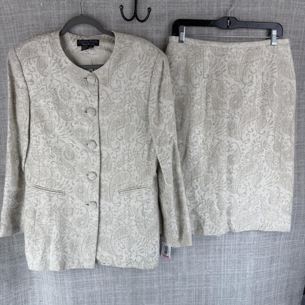 Cynthia Howie Skirt Suit Womens 12 Beige 2 Piece Linen Jacquard Paisley